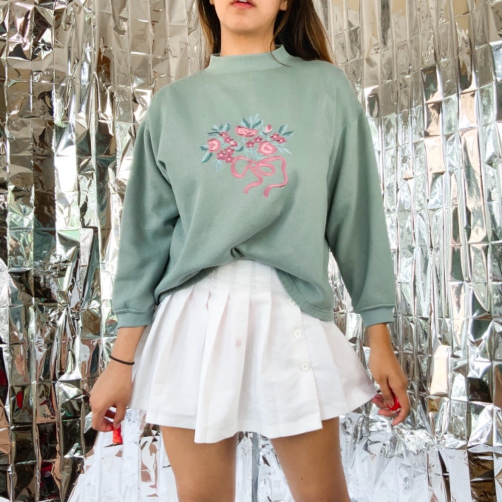 Green and pink embroidered grandma pullover sweatshirt